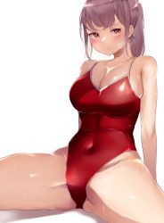 Rule 34 | 1girl, breasts, cleavage, commentary request, competition school swimsuit, cowboy shot, grey hair, highleg, highleg swimsuit, highres, kairi (miry666), large breasts, long hair, looking at viewer, one-piece swimsuit, ponytail, red eyes, red one-piece swimsuit, school swimsuit, simple background, solo, spread legs, swimsuit, white background