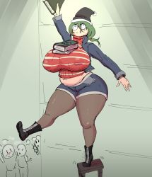 Rule 34 | 1girl, :d, balancing, belly, blush, book, book on breasts, boots, breasts, coffeeslice, coke-bottle glasses, curvy, glasses, green hair, hat, highres, holding, holding book, huge breasts, indoors, jacket, light, long hair, midriff, muffin top, navel, nerd (coffeeslice), object on breast, on chair, open mouth, original, pantyhose, pantyhose under shorts, plump, round eyewear, santa hat, short hair, short shorts, shorts, smile, standing, standing on one leg, taut clothes, taut sweater, thick thighs, thighs, tongue, tongue out, turtleneck