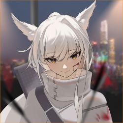 Rule 34 | 1girl, absurdres, animal ears, arknights, arrow (projectile), blood, blood on clothes, blood on face, blurry, blurry foreground, closed mouth, coat, cuts, eyelashes, hair between eyes, highres, horse ears, indoors, injury, long hair, looking at viewer, night, orange eyes, platinum (arknights), ponytail, pov, qingshiliu, quiver, single hair intake, skyline, smile, solo, tsurime, upper body, white coat, white hair, window