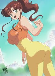 Rule 34 | 1girl, bishoujo senshi sailor moon, brown hair, danmakuman, green eyes, kino makoto, looking at viewer, outdoors, ponytail, sailor jupiter, solo