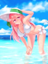 Rule 34 | 10s, 1girl, ahoge, arched back, armpits, bad id, bad pixiv id, bikini, blurry, bow, bow bikini, breasts, cleavage, day, depth of field, female focus, from side, hacka doll, hacka doll 2, hair between eyes, hand on own knee, hat, highres, kirise (pixiv), large breasts, leaning forward, legs apart, long hair, looking at viewer, navel, outdoors, parted bangs, partially submerged, pink eyes, pink hair, smile, solo, standing, sun hat, swimsuit, wading, white bikini, white hat
