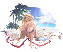 Rule 34 | 1girl, all fours, alternate breast size, bare shoulders, battle standard, beach, bikini, blonde hair, blue eyes, blush, breasts, cleavage, cloud, collarbone, day, fingernails, flower, front-tie bikini top, front-tie top, granblue fantasy, hair flower, hair ornament, hairband, jeanne d&#039;arc (granblue fantasy), large breasts, long fingernails, long hair, looking at viewer, minaba hideo, nail polish, ocean, official art, outdoors, palm tree, purple bikini, purple nails, sandals, sky, smile, solo, starfish, swimsuit, transparent background, tree, water, wet, wet hair