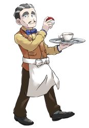 Rule 34 | 1boy, apron, black footwear, blue bow, blue bowtie, bow, bowtie, brown pants, buttons, case-k, closed mouth, commentary request, creatures (company), cup, facial hair, full body, game freak, grey hair, grey socks, highres, holding, holding poke ball, holding tray, liquid, long sleeves, looking at viewer, male focus, nintendo, orange vest, original, pants, poke ball, poke ball (basic), pokemon, shirt, shoes, short hair, smile, socks, solo, standing, teacup, tray, vest, waist apron, yellow shirt