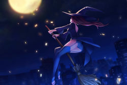 Rule 34 | 1girl, bad id, bad pixiv id, black dress, blue hat, blue panties, blue thighhighs, broom, broom riding, brown hair, chocofox, dress, floating hair, from behind, full moon, garter straps, hat, highres, long hair, moon, night, original, outdoors, panties, solo, thighhighs, toeless thighhighs, underwear, very long hair, witch, witch hat