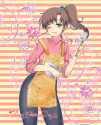 Rule 34 | 1girl, apron, bishoujo senshi sailor moon, bowl, brown hair, chocolate, floral print, green eyes, grin, hair bobbles, hair ornament, happy valentine, heart, highres, kino makoto, miura hajime, mixing bowl, one eye closed, ponytail, smile, solo, spatula, striped background, striped clothes, striped sweater, sweater, turtleneck