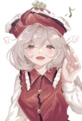 Rule 34 | 1girl, :d, blush, breasts, brown eyes, buttons, detached wings, eighth note, eyebrows hidden by hair, frilled shirt collar, frills, grey hair, hair between eyes, hand up, happy, hat, highres, long sleeves, looking at viewer, lower teeth only, lyrica prismriver, medium hair, musical note, open mouth, red hat, red vest, simple background, small breasts, smile, solo, subaru hibiki, tareme, teeth, touhou, upper body, vest, white background, wings