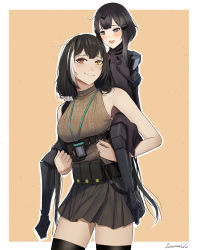 Rule 34 | 2girls, anna (girls&#039; frontline), artist name, belt, black eyes, black hair, black legwear, black skirt, blush, breasts, brown sweater vest, closed mouth, darkpulsegg, feet out of frame, girls&#039; frontline, hair ornament, hairclip, heterochromia, highres, long hair, looking at another, looking at viewer, mechanical legs, medium breasts, multicolored hair, multiple girls, open mouth, red eyes, ro635 (girls&#039; frontline), ro635 (mod3) (girls&#039; frontline), simple background, sitting, sitting on person, skirt, small breasts, smile, standing, sweater vest, thighhighs, uniform, yellow eyes