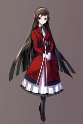 Rule 34 | 1girl, belt, black bow, black bowtie, black footwear, boots, bow, bowtie, brown background, brown hair, closed mouth, coat, dolsig ilangnolja, dress, full body, gloves, headband, highres, long hair, long sleeves, looking at viewer, original, red coat, red eyes, simple background, solo, thigh boots, thighhighs, white dress, white gloves