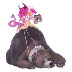 Rule 34 | 1girl, anklet, bear, bird, chimera, fire, frills, horns, jewelry, lace, leash, long hair, mary janes, mashiko hiromi, monster girl, open mouth, original, panties, red eyes, riding, sheep, shoes, simple background, snake, solo, tail, underwear, white background