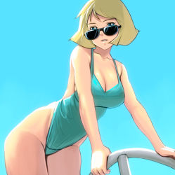 Rule 34 | 1girl, aqua background, aqua one-piece swimsuit, bad id, bad pixiv id, blonde hair, blue eyes, bob cut, breasts, casual one-piece swimsuit, cleavage, collarbone, cowboy shot, from side, gradient background, gundam, highleg, highleg swimsuit, kouno (masao), large breasts, legs together, mobile suit gundam, one-piece swimsuit, parted bangs, sayla mass, short hair, simple background, solo, sunglasses, swept bangs, swimsuit, thighs