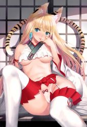 Rule 34 | 1girl, :p, absurdres, animal ear fluff, animal ears, blonde hair, blue eyes, blush, bow, bow panties, breasts, breasts apart, clothing cutout, detached sleeves, earrings, garter belt, garter straps, hand to own mouth, highres, japanese clothes, jewelry, long hair, magatama, magatama earrings, medium breasts, miko, navel, no bra, panties, pinky out, scan, side cutout, sitting, solo, striped tail, tail, thighhighs, tiger ears, tiger tail, tongue, tongue out, tony taka, underboob, underwear, white panties, white thighhighs