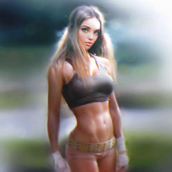 Rule 34 | 1girl, abs, bare shoulders, belt, breasts, brown hair, covered erect nipples, cowboy shot, day, female focus, gloves, gradient background, image sample, irakli nadar, lens flare, lips, long hair, looking at viewer, medium breasts, navel, nose, original, outdoors, photo-referenced, realistic, short shorts, shorts, solo, sports bra, standing, studded belt, toned, white gloves