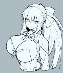 Rule 34 | 1girl, alternate breast size, aqua theme, bow, braid, breasts, dress, fate/grand order, fate (series), hair between eyes, hair bow, large breasts, long hair, looking at viewer, melon22, monochrome, morgan le fay (fate), ponytail, revealing clothes, simple background, solo, upper body