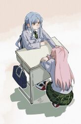 Rule 34 | 2girls, bag, bang dream!, bang dream! it&#039;s mygo!!!!!, blue hair, braid, chihaya anon, closed mouth, collared shirt, commentary, dated commentary, desk, french braid, gradient background, green necktie, green skirt, grey jacket, hand on another&#039;s head, hanemi, haneoka school uniform, head on arm, headpat, highres, jacket, long hair, long sleeves, looking at another, multiple girls, necktie, pink background, pink hair, plaid, plaid skirt, pleated skirt, school bag, school desk, school uniform, shirt, shoes, sitting, skirt, squatting, togawa sakiko, uwabaki, white background, white shirt, yellow eyes
