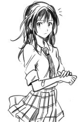 Rule 34 | 1girl, bad id, bad twitter id, bandaid, black hair, coppelion, greyscale, long hair, looking at viewer, miniskirt, monochrome, naruse ibara, necktie, penki, plaid, plaid skirt, pleated skirt, sketch, skirt, sleeves rolled up, solo, striped necktie, striped neckwear, white background