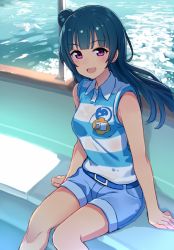 Rule 34 | 1girl, :d, arms at sides, bare shoulders, belt, belt buckle, blue shirt, blue shorts, blunt bangs, blush, boat, breasts, buckle, day, hair bun, hajime kaname, highres, long hair, looking at viewer, love live!, love live! school idol festival, love live! sunshine!!, open mouth, outdoors, purple eyes, shirt, shorts, side bun, single hair bun, single side bun, sitting, sleeveless, sleeveless shirt, small breasts, smile, solo, striped clothes, striped shirt, sunlight, tareme, tsushima yoshiko, water, watercraft, wet, wet clothes, wet shirt