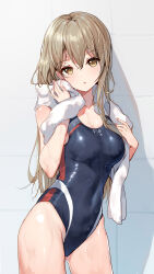 Rule 34 | 1girl, :o, bare legs, bison cangshu, black one-piece swimsuit, breasts, brown eyes, brown hair, cleavage, collarbone, commentary request, competition swimsuit, covered navel, hair between eyes, highres, long hair, looking at viewer, medium breasts, one-piece swimsuit, open mouth, original, shadow, solo, standing, swimsuit, towel, wet, wet hair