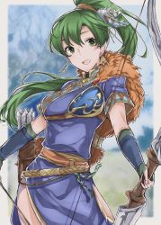 Rule 34 | 1girl, aiueo1234853, arrow (projectile), bad id, bad twitter id, bow (weapon), cape, earrings, fingerless gloves, fire emblem, fire emblem: the blazing blade, fire emblem heroes, fur cape, gloves, green eyes, green hair, hair ornament, highres, holding, holding bow (weapon), holding weapon, jewelry, long hair, lyn (fire emblem), muneate, nintendo, open mouth, ponytail, quiver, short sleeves, side slit, solo, weapon
