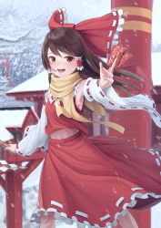 Rule 34 | 1girl, absurdres, armpits, blush, bow, brown eyes, brown hair, day, detached sleeves, goback, hair bow, hair tubes, hakurei reimu, highres, holding, long hair, looking at viewer, navel, open mouth, outdoors, railing, red bow, smile, snow, snowing, solo, torii, touhou, tree, winter