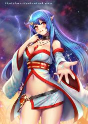 Rule 34 | 1girl, :q, amulet, blue hair, breasts, cleavage, cloud, collarbone, cowboy shot, detached sleeves, female focus, finger to mouth, glint, huge breasts, jewelry, licking lips, lightning, long hair, looking at viewer, necklace, original, outstretched hand, pham thai chau, pointy ears, red eyes, sky, smile, solo, star (sky), starry sky, tongue, tongue out, watermark, web address, wide sleeves