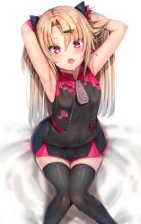 Rule 34 | 1girl, :o, akatsuki uni, armpits, arms behind head, arms up, bare arms, bare shoulders, black dress, black thighhighs, black vest, blonde hair, blush, breasts, cropped vest, dress, fangs, feet out of frame, hair ornament, hairclip, hands in hair, highres, knees together feet apart, long hair, looking at viewer, open mouth, parted bangs, pink eyes, reinama, sitting, sleeveless, small breasts, solo, thigh gap, thighhighs, two side up, uni create, vest, virtual youtuber, white background, zettai ryouiki, zipper, zipper pull tab