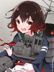 1girl :d absurdres aiming aiming_at_viewer blue_jacket blush brown_eyes cannon commentary_request double-parted_bangs falling_petals flower gradient_hair green_sailor_collar grey_background hair_between_eyes highres holding holding_turret jacket kantai_collection looking_at_viewer mast medium_hair messy_hair midriff_peek multicolored_hair mutsuki_(kancolle) navel neckerchief open_clothes open_jacket open_mouth petals print_jacket red_flower red_hair red_neckerchief rigging sailor_collar ship_turret shirt sidelocks simple_background smile smokestack solo teeth translation_request turret upper_body upper_teeth_only white_shirt yuzuki_draw