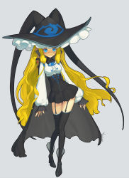 Rule 34 | 00s, 10s, 1girl, 2015, :&gt;, alternate costume, alternate hairstyle, artist name, black dress, black footwear, black thighhighs, blonde hair, blue eyes, boots, cape, dated, dress, full body, garter straps, hat, high heel boots, high heels, lilith (yamibou), long hair, long sleeves, puffy long sleeves, puffy sleeves, short dress, sleeves past wrists, solo, thighhighs, very long hair, yami to boushi to hon no tabibito, yu li, zettai ryouiki