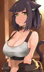 Rule 34 | 1girl, animal ear fluff, animal ears, arknights, bare shoulders, black hair, blush, cat ears, commentary request, crop top, green eyes, grey choker, jessica (arknights), kumamu, looking at viewer, midriff, parted lips, short hair, solo, sports bra, stomach, upper body