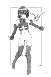 Rule 34 | 1girl, bare shoulders, border, border break, bottomless, breasts, cleft of venus, full body, graphite (medium), greyscale, hairband, harumachi nagaaki, highres, monochrome, navel, pussy, simple background, small breasts, smile, solo, thigh gap, thighhighs, traditional media, uncensored, white background