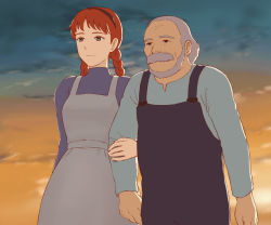 Rule 34 | 1boy, 1girl, anne of green gables, anne shirley, braid, breasts, closed mouth, cloud, graphite (medium), jas (littlecrime), long hair, old, old man, overalls, smile, traditional media, twin braids, world masterpiece theater