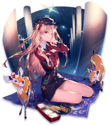Rule 34 | 1girl, alternate costume, bad id, bad pixiv id, bento, black headwear, black skirt, blonde hair, blush, bow, breasts, closed mouth, deer, earrings, eating, ereshkigal (fate), ereshkigal (under the same sky) (fate), essual (layer world), fate/grand order, fate (series), food, hair bow, hat, high-waist skirt, highres, jewelry, long hair, long sleeves, looking at viewer, medium breasts, nail polish, parted bangs, peaked cap, pillar, red bow, red eyes, red shirt, shirt, skirt, sparkle, thighs, two side up