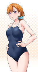 Rule 34 | 1girl, alternate hairstyle, blue one-piece swimsuit, blush, breasts, covered navel, hair ornament, hair scrunchie, hands on own hips, highres, long hair, looking at viewer, love live!, love live! superstar!!, medium breasts, one-piece swimsuit, orange background, orange hair, parted lips, ponytail, purple eyes, school swimsuit, scowl, scrunchie, shibuya kanon, solo, standing, swimsuit, thighs, yopparai oni