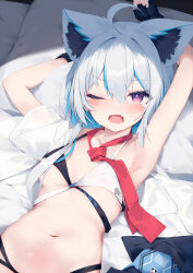 Rule 34 | 1girl, ahoge, animal ear fluff, animal ears, armpits, arms up, bed sheet, black gloves, blue hair, blush, breasts, collarbone, collared shirt, commentary request, fangs, fingerless gloves, gloves, grey hair, hair between eyes, highres, looking at viewer, lying, multicolored hair, navel, nibiiro shizuka, on back, one eye closed, open mouth, original, pillow, purple eyes, shirt, small breasts, solo, streaked hair, tears, upper body, white shirt
