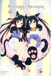 Rule 34 | 2girls, absurdres, akiyama mio, animage, animal ears, animal hands, bell, blush, bow, cat ears, cat girl, cat paws, cat tail, choker, dress, female focus, gloves, highres, jingle bell, k-on!, k-on! movie, looking at viewer, lying, multiple girls, nakano azusa, official art, open mouth, paw gloves, paw print, pillow, ribbon, ribbon choker, sagawa haruka, scan, simple background, tail
