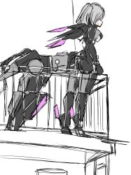 1girl 35358901mrs armor balcony black_armor centauroid commentary_request cyborg from_side full_body grey_hair highres limited_palette mecha_musume mechanical_arms mechanical_legs mechanical_tail mechanical_wings medium_hair meme meme_request multiple_legs punishing:_gray_raven rosetta_(pgr) sidelocks sketch solo standing tail taur wings