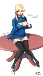 Rule 34 | 1girl, bad id, bad pixiv id, blonde hair, blue eyes, breasts, cleavage, cleavage cutout, clothing cutout, female focus, high heels, highres, large breasts, long hair, meme attire, open-chest sweater, panties, piyo (pixiv 2308057), sitting, smile, solo, sweater, thighhighs, underwear