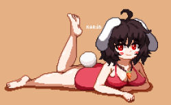 Rule 34 | 1girl, ahoge, alternate breast size, alternate costume, animal ears, barefoot, black hair, blush, breasts, carrot necklace, cleavage, closed mouth, commentary, dress, floppy ears, full body, inaba tewi, jewelry, kaaaarin, large breasts, looking at viewer, lying, necklace, on stomach, orange background, pink dress, pixel art, rabbit ears, rabbit girl, rabbit tail, red eyes, short dress, short hair, simple background, sleeveless, sleeveless dress, smile, solo, tail, the pose, touhou, wavy hair