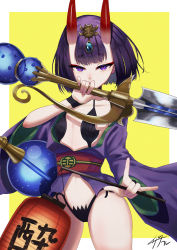 Rule 34 | 1girl, bare shoulders, bob cut, breasts, collarbone, eyeliner, fate/grand order, fate (series), headpiece, highres, horns, izanaware game, japanese clothes, kimono, long sleeves, looking at viewer, makeup, oni, purple eyes, purple hair, purple kimono, revealing clothes, short hair, shuten douji (fate), skin-covered horns, small breasts, solo, thighs, white background, wide sleeves, yellow background