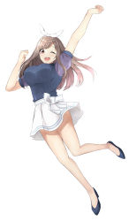 Rule 34 | 1girl, absurdres, arms up, bare legs, blue shirt, bow, breasts, brown eyes, brown hair, full body, hair bow, high heels, highres, idolmaster, idolmaster shiny colors, large breasts, long hair, looking at viewer, one eye closed, open mouth, shirt, short sleeves, simple background, skirt, smile, solo, toretate saburou, tsukioka kogane, white background, white bow, white skirt