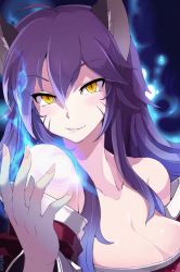 Rule 34 | 1girl, ahri (league of legends), animal ears, breasts, collarbone, fingernails, fox ears, league of legends, looking at viewer, purple hair, smile, solo, upper body, yellow eyes