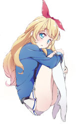 Rule 34 | 1girl, :o, aikatsu!, aikatsu! (series), alternate eye color, blonde hair, blue eyes, blue jacket, blue skirt, blush, boots, bow, commentary, fetal position, from side, full body, hair bow, high heel boots, high heels, highres, hoshimiya ichigo, hugging own legs, itouchaba, jacket, knee boots, knees to chest, long hair, long sleeves, looking at viewer, open mouth, pleated skirt, red bow, school uniform, sideways glance, simple background, single stripe, skirt, solo, starlight academy school uniform, white background, white skirt