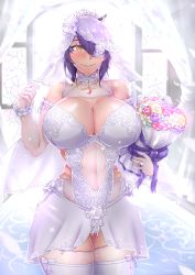 Rule 34 | 1girl, alternate costume, arm garter, backlighting, bare hips, bouquet, breasts, bridal veil, bride, chanary, cleavage, clothing cutout, dress, eyepatch, flower, garter straps, holding, holding bouquet, jewelry, kantai collection, lace, lace-trimmed legwear, lace trim, large breasts, narrow waist, necklace, purple hair, ring, see-through, self-upload, short hair, side cutout, solo, tagme, tenryuu (kancolle), thighhighs, thighs, veil, wedding dress, white theme, white thighhighs, wide hips, wrist cuffs, yellow eyes