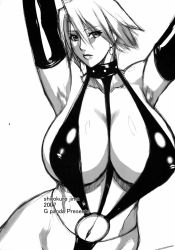 Rule 34 | breasts, christie (doa), cleavage, dead or alive, elbow gloves, gloves, highres, hip focus, huge breasts, latex, latex gloves, midou tsukasa, monochrome, slingshot swimsuit, swimsuit, tecmo, wide hips