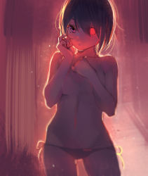Rule 34 | 1girl, backlighting, black sclera, blue hair, closed mouth, collarbone, colored sclera, covering breasts, covering privates, dark blue hair, eyes visible through hair, glowing, glowing eye, hair between eyes, hei yan-m82a1, highres, indoors, light particles, mole, mole on stomach, navel, nude, original, purple eyes, red eyes, short hair, signature, solo, topless, underwear, underwear only