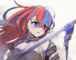 Rule 34 | 1girl, alear (female) (fire emblem), alear (fire emblem), blue eyes, blue gloves, blue hair, crossed bangs, fire emblem, fire emblem engage, gloves, hair between eyes, heterochromia, holding, holding sword, holding weapon, long hair, looking to the side, miraioranji, multicolored hair, nintendo, red eyes, red hair, solo, split-color hair, sword, two-tone hair, weapon, white background