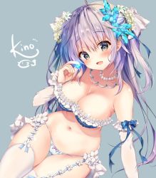 Rule 34 | 1girl, :d, bare shoulders, blue bow, bow, bow panties, bra, cameltoe, commentary request, dress, flower, frilled bra, frills, garter straps, green eyes, hair flower, hair ornament, holding, jewelry, kino (kino konomi), long hair, looking at viewer, navel, necklace, open mouth, original, panties, pearl necklace, purple hair, signature, simple background, smile, solo, swimsuit, thighhighs, twintails, underwear, underwear only, white thighhighs