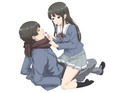 1boy 1girl arm_support black_hair black_scarf black_shoes black_socks blue_jacket brother_and_sister brown_eyes buttons candy chinese_commentary commentary_request double-breasted eye_contact food full_body girl_on_top grey_pants grey_skirt holding holding_candy holding_food holding_lollipop jacket kyoukai_no_kanata lollipop long_hair looking_at_another lujang nase_hiroomi nase_mitsuki no_shoes pants pleated_skirt sailor_collar scarf school_uniform shoes short_hair siblings simple_background sitting skirt socks straddling white_background white_sailor_collar