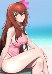 Rule 34 | 1girl, alternate costume, beach, blue sky, breasts, commentary request, day, dytm, fate/grand order, fate (series), flower, hair flower, hair ornament, highres, large breasts, crossed legs, long hair, looking at viewer, nipples, ocean, one-piece swimsuit, open mouth, outdoors, pink hair, red eyes, scathach (fate), scathach (fate), see-through, sitting, sky, solo, swimsuit