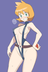 Rule 34 | 1girl, :d, belt, blue eyes, blush, bob cut, breasts, covered erect nipples, creatures (company), game freak, grin, groin, hand on own hip, hip focus, looking at viewer, medium breasts, misty (pokemon), navel, nintendo, open mouth, orange hair, poke ball, pokemon, pokemon: the electric tale of pikachu, pokemon hgss, purple background, short hair, sideboob, simple background, slingshot swimsuit, smile, solo, standing, sweat, swimsuit, ukimukai