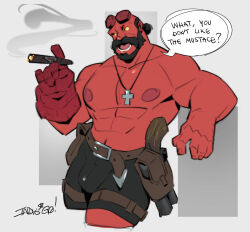Rule 34 | 1boy, alternate facial hair, arts of indiego, bald spot, bara, blank eyes, broken horn, bulge, colored skin, commentary, cropped legs, cross, cross necklace, demon boy, english commentary, gauntlets, gun, hellboy, hellboy (comic), highres, horns, jewelry, large pectorals, looking at viewer, male focus, mature male, monster boy, muscular, muscular male, mutton chops, necklace, nipples, pectorals, raised eyebrows, red skin, short shorts, shorts, smoking, solo, standing, strongman waist, thick mustache, thick thighs, thighs, topless male, weapon